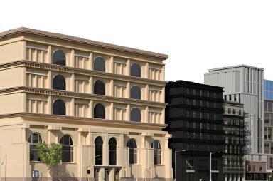 Black street concept with classical style building 3d render,The atmosphere is dark but elegant.